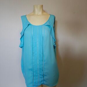Valerie Stevens Blue Sheer Ruffle Beaded Trim Sleeveless Blouse Womens XL Boho